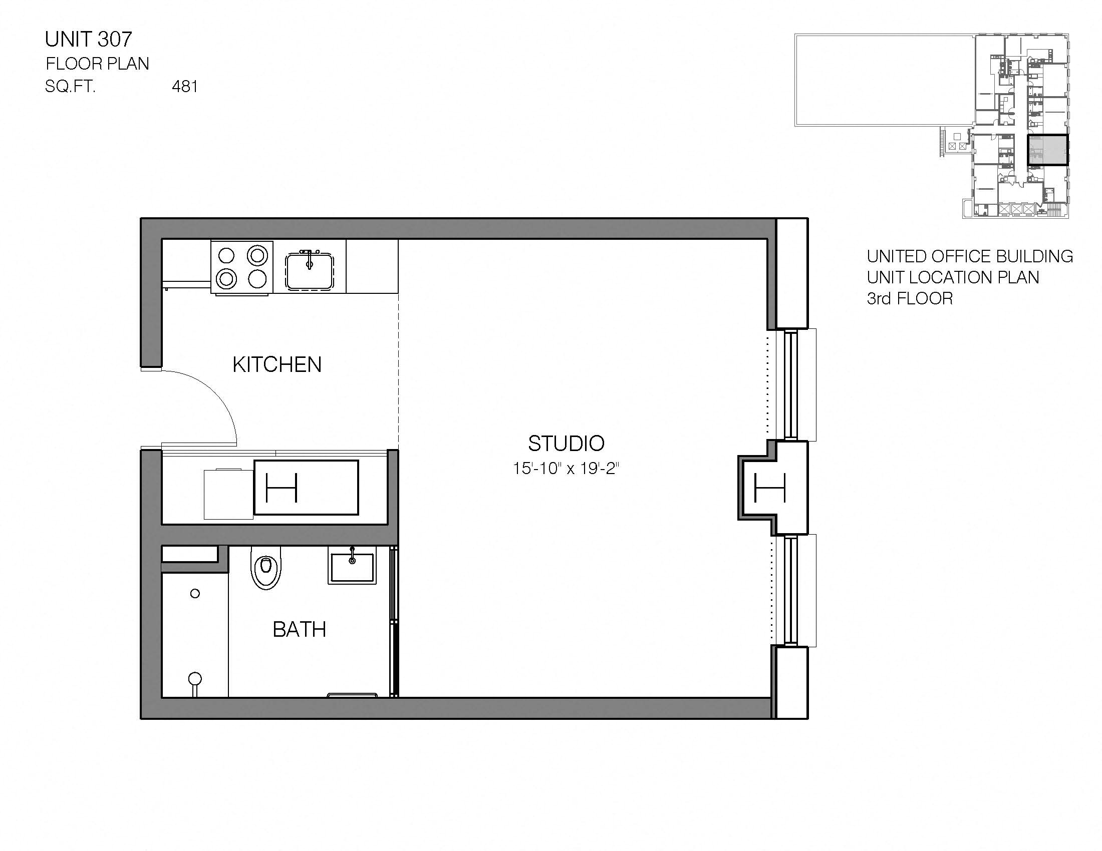 Floor plan for studio, 1 bath, 481 sqft